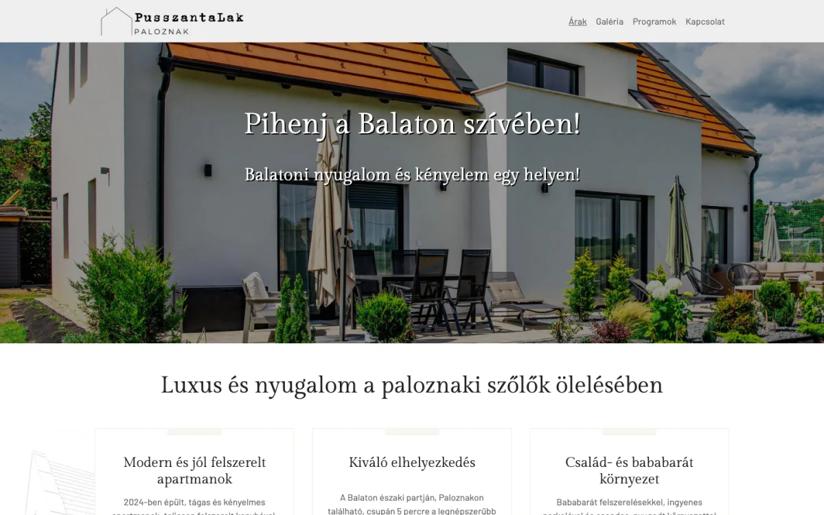 pusszantalak.hu bemutatkozó weboldal asztali nézet